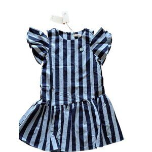 New Dave & Bella Kids Striped Ruffle Sleeve Dress Cotton Flax  Blue Girls Size 6